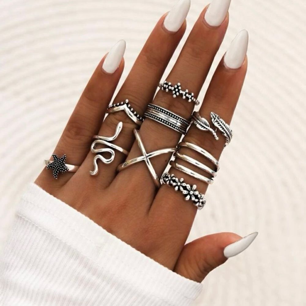 NEW 9 pc silver ring set snake ring, feather jewelry, starfish, BOHO flower ring